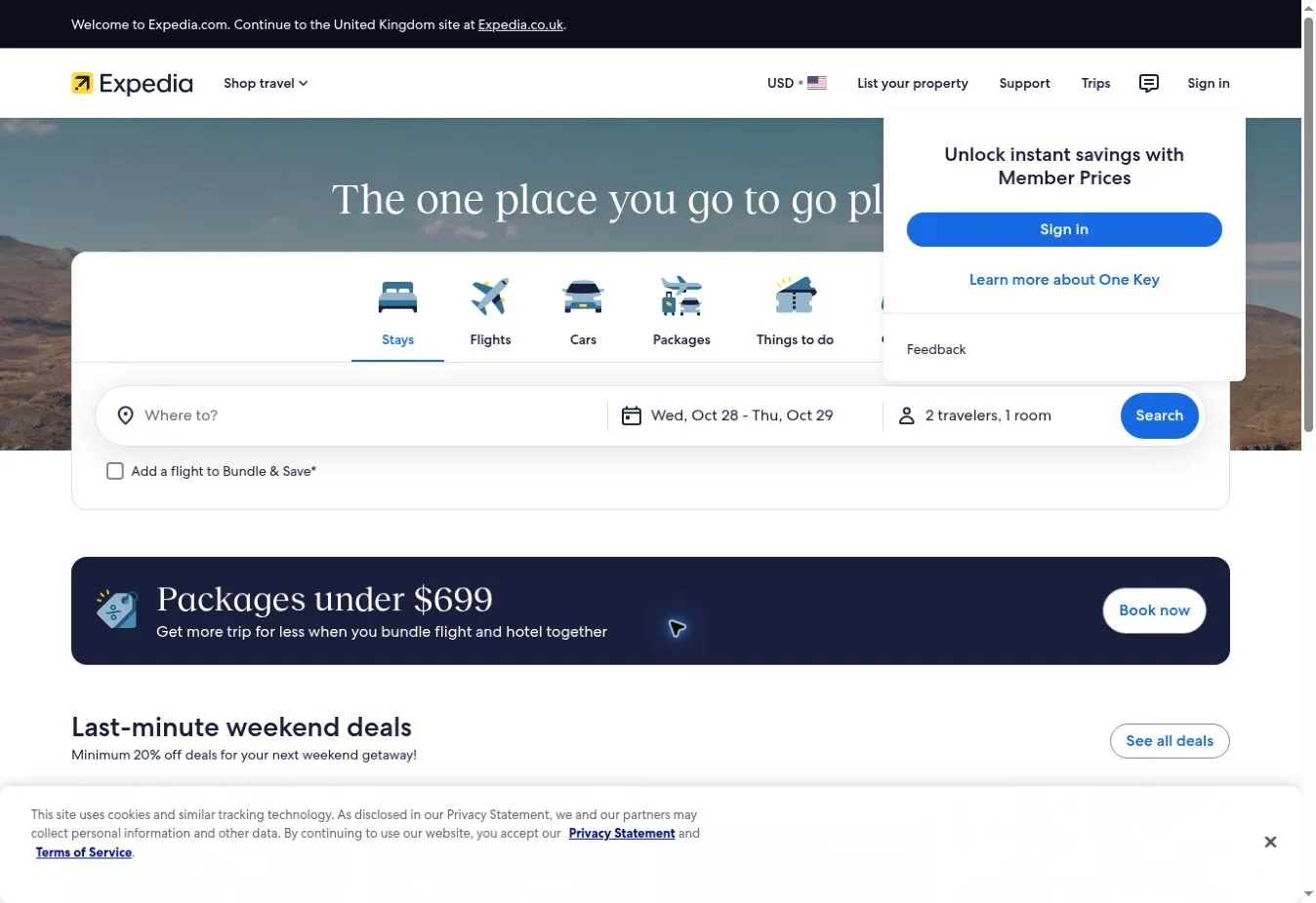 Expedia The one place you go to go places search panel with packages under $699