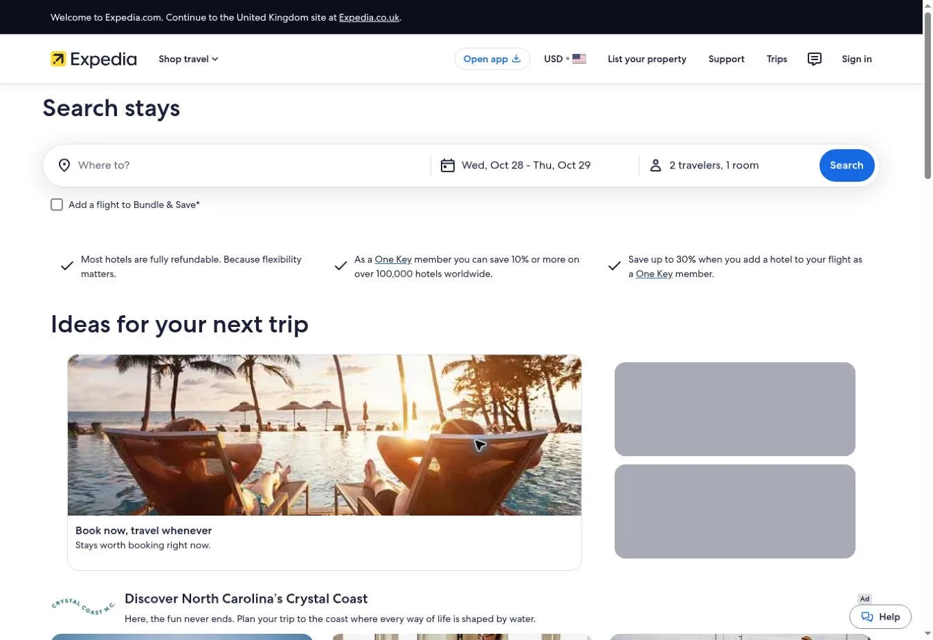 Expedia Search stays page with Ideas for your next trip