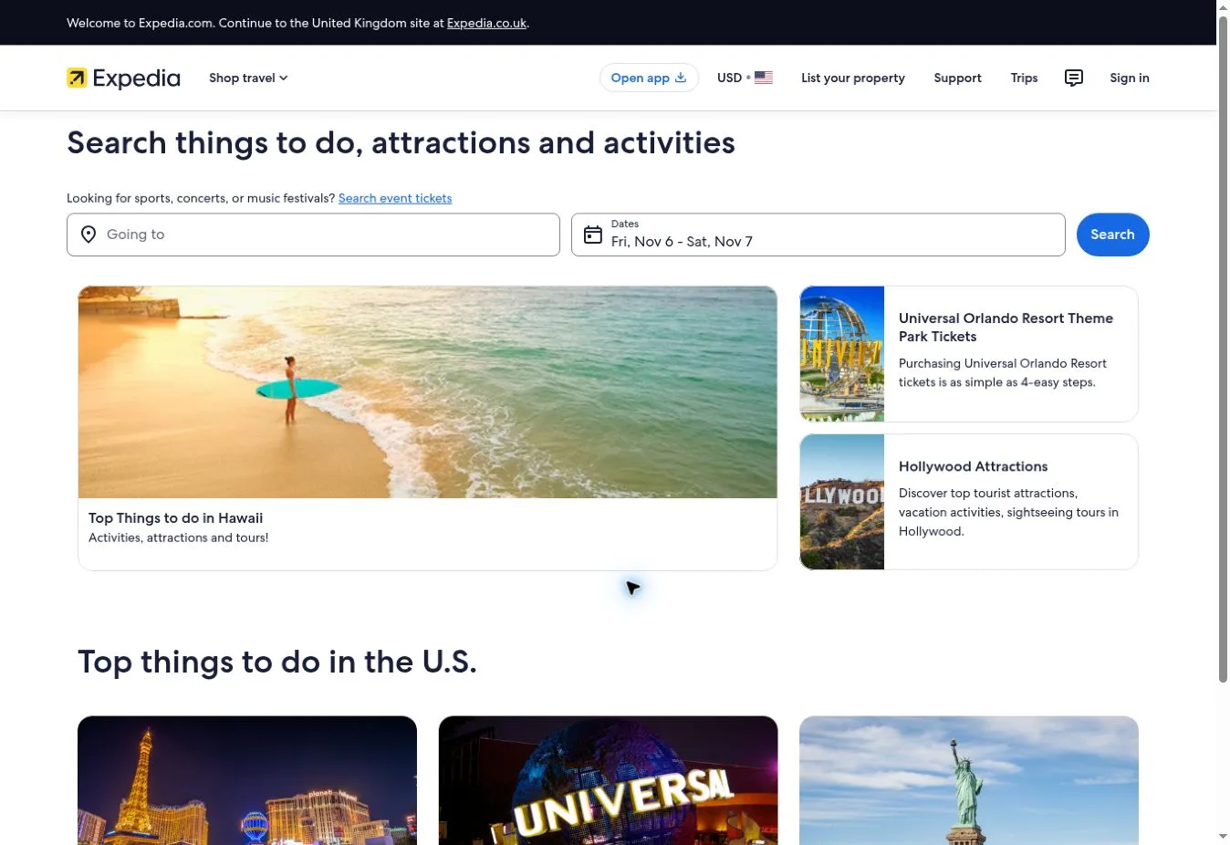 Expedia things to do and attractions search page