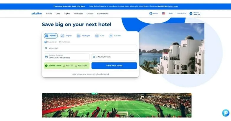 Priceline homepage with a Save big on your next hotel search box