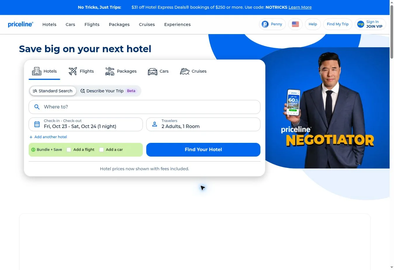Priceline hotel search with the Priceline Negotiator banner