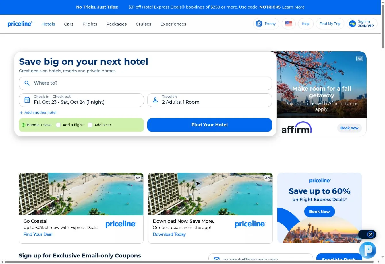 Priceline hotel search with deal cards and an Affirm promotion