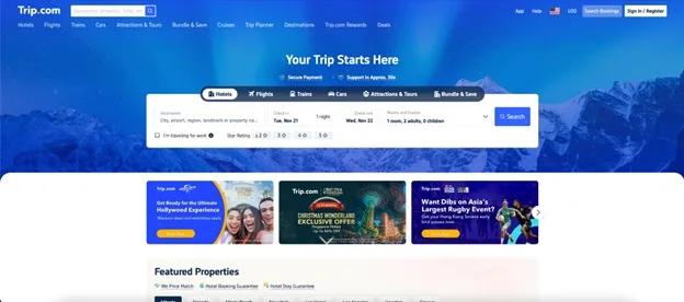 Trip.com homepage with a Your Trip Starts Here search panel