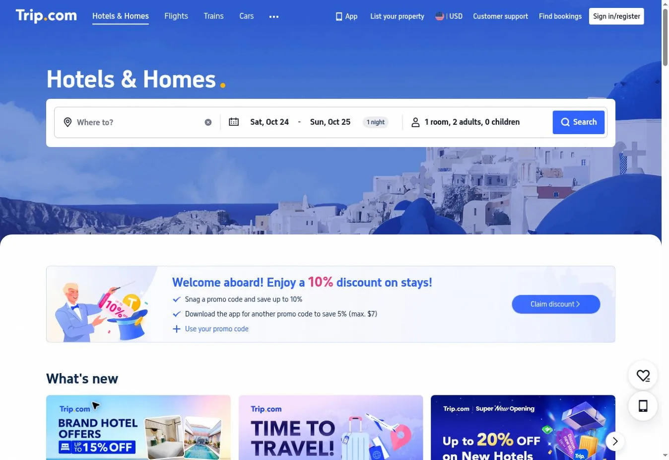 Trip.com Hotels and Homes search page with a discount banner