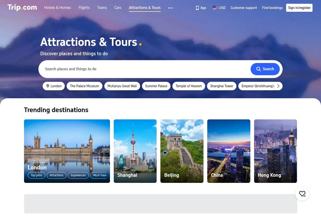 Trip.com Attractions and Tours page with trending destinations