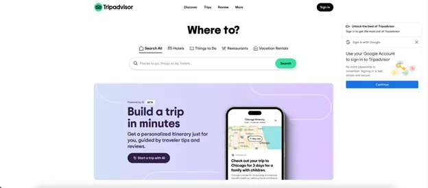 Tripadvisor homepage with a Where to? search and Build a trip in minutes banner