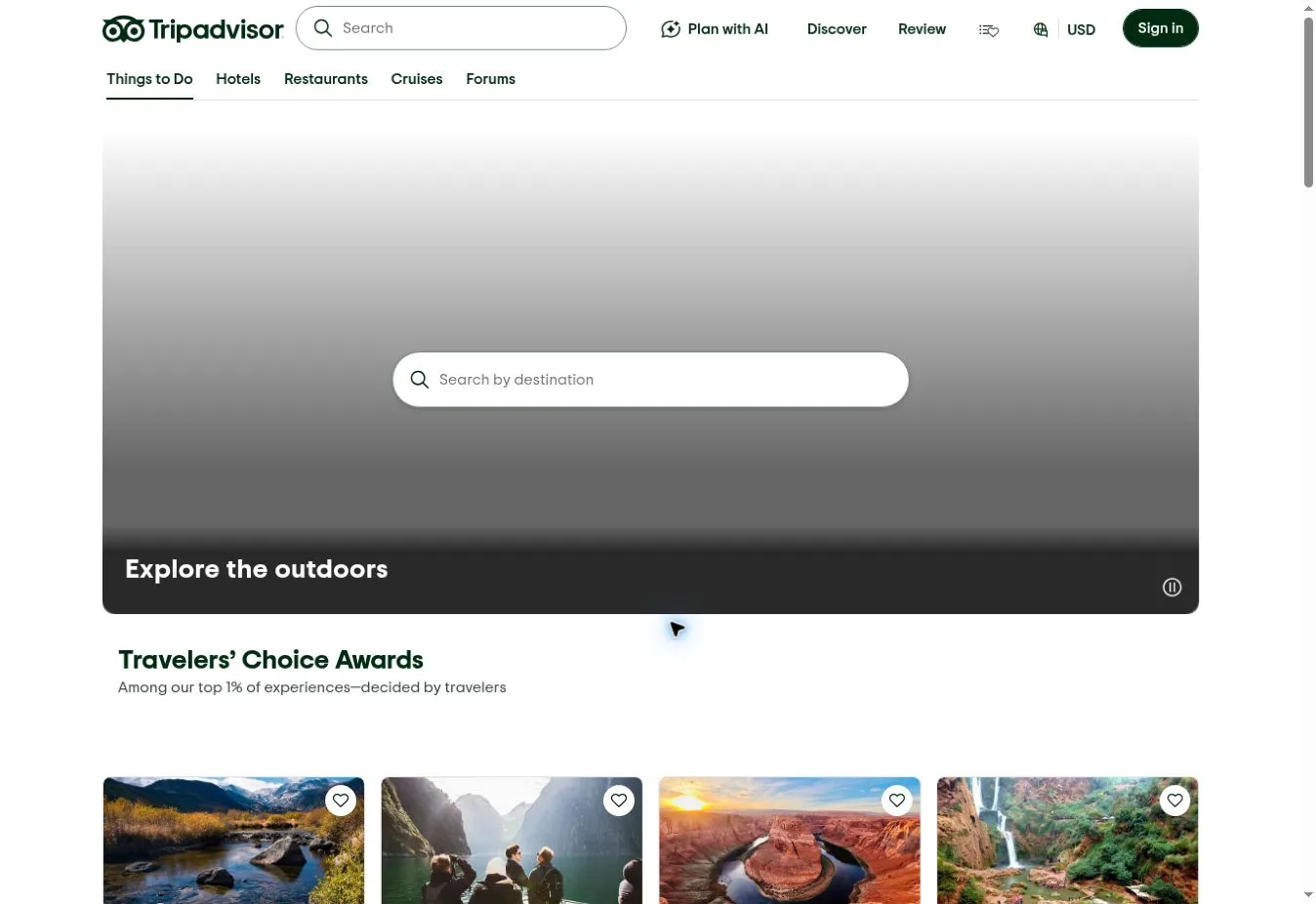 Tripadvisor Things to Do page with Travelers’ Choice Awards
