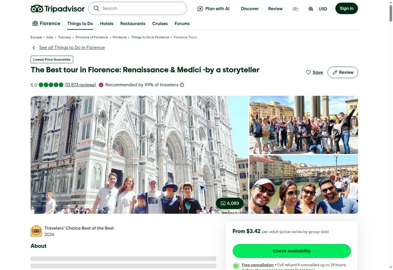 Tripadvisor tour listing for a Florence Renaissance and Medici tour