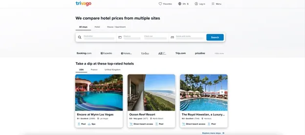 Trivago homepage comparing hotel prices from multiple sites