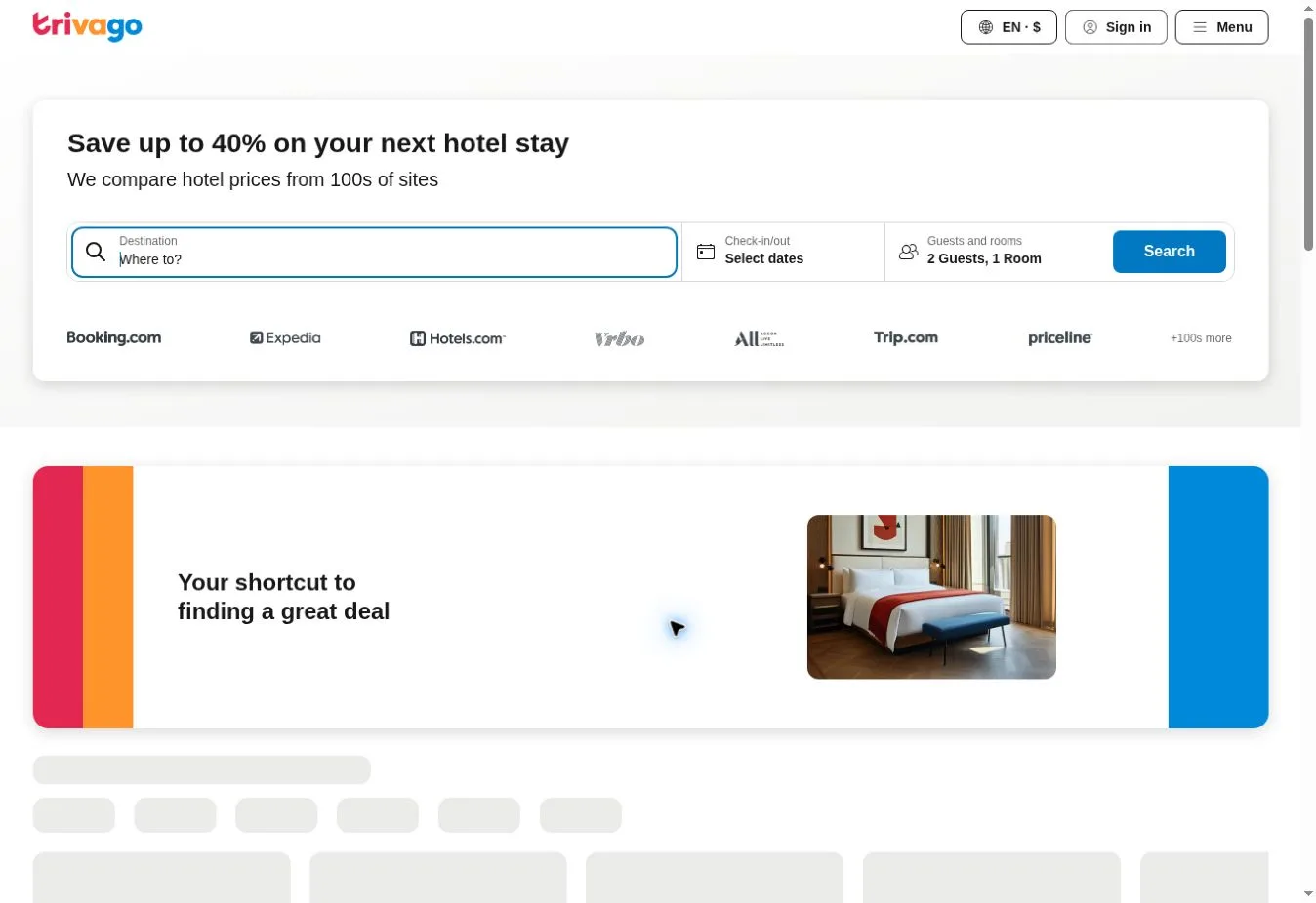 Trivago Save up to 40% on your next hotel stay search bar