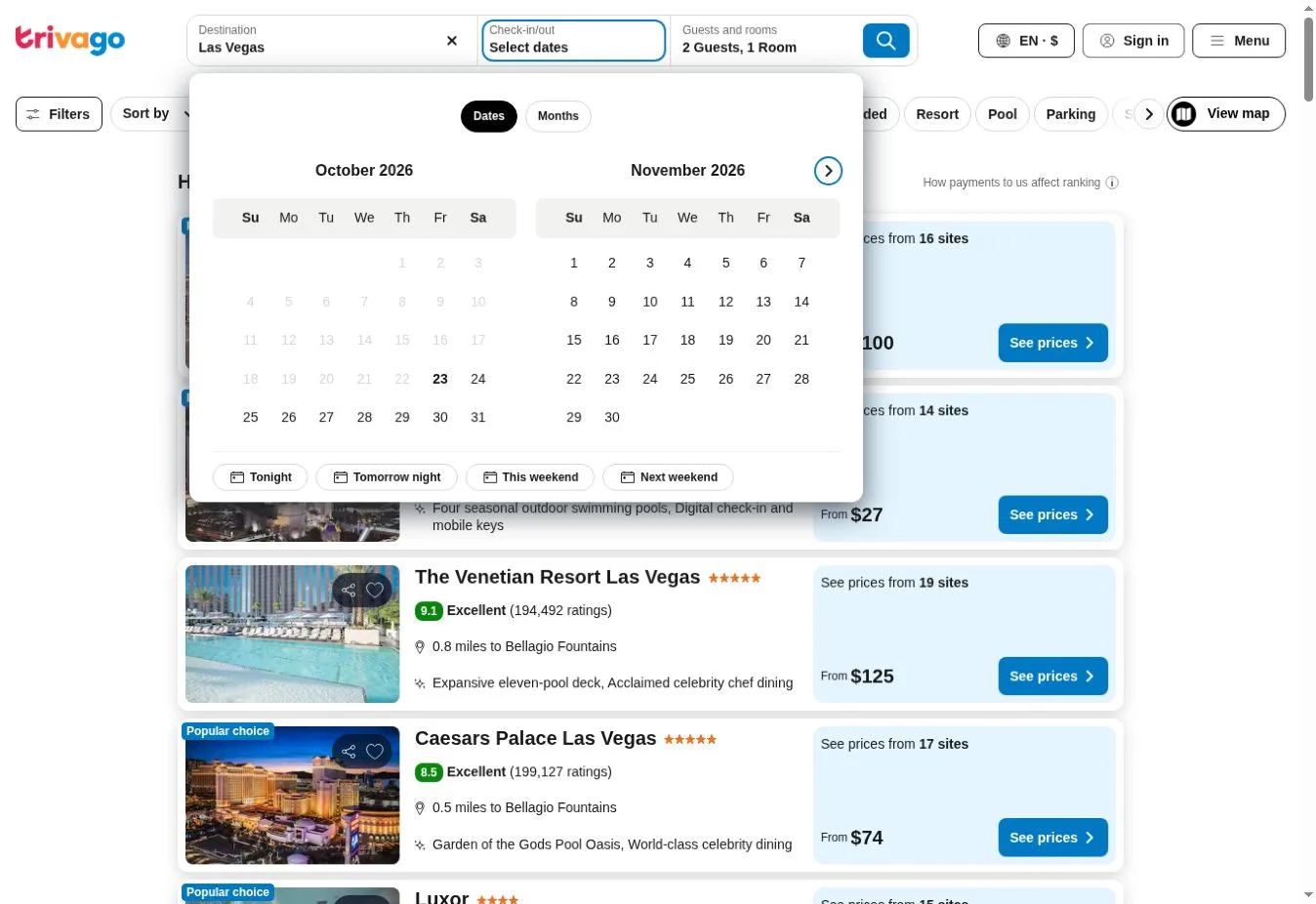 Trivago date picker over Las Vegas hotel results