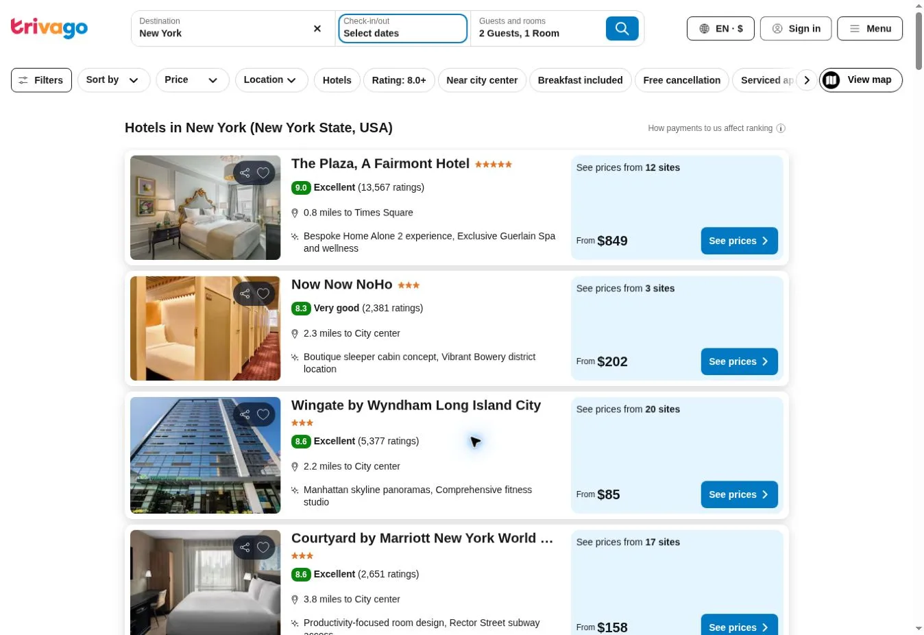 Trivago hotel results for New York with prices from multiple sites