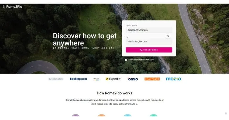 Rome2Rio homepage with a Discover how to get anywhere route search
