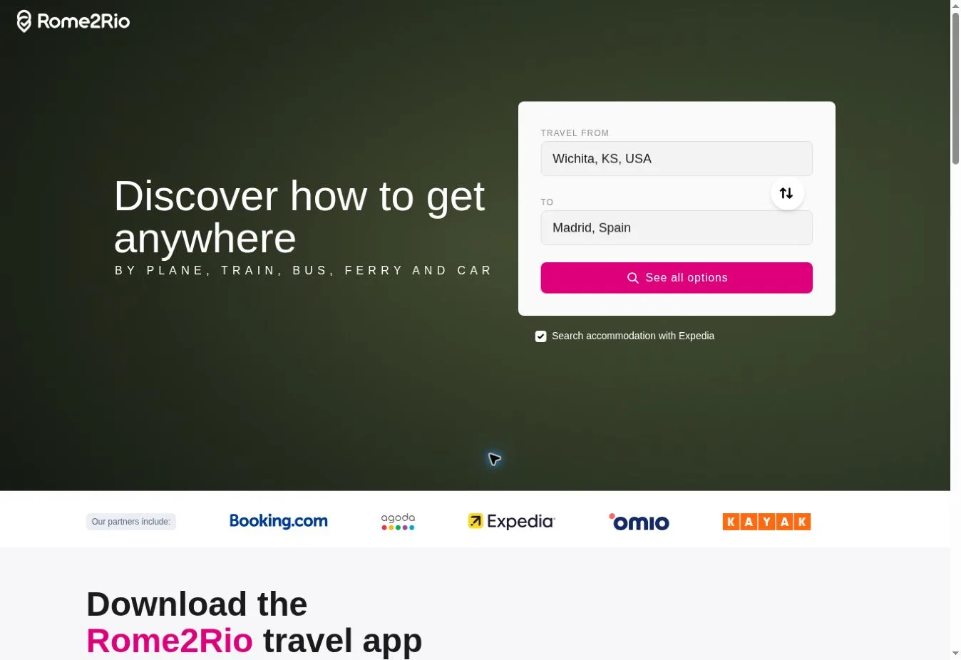 Rome2Rio route search with partner logos and app download section