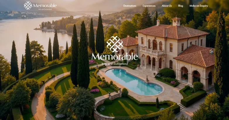Memorable travel homepage with an Italian villa and pool hero