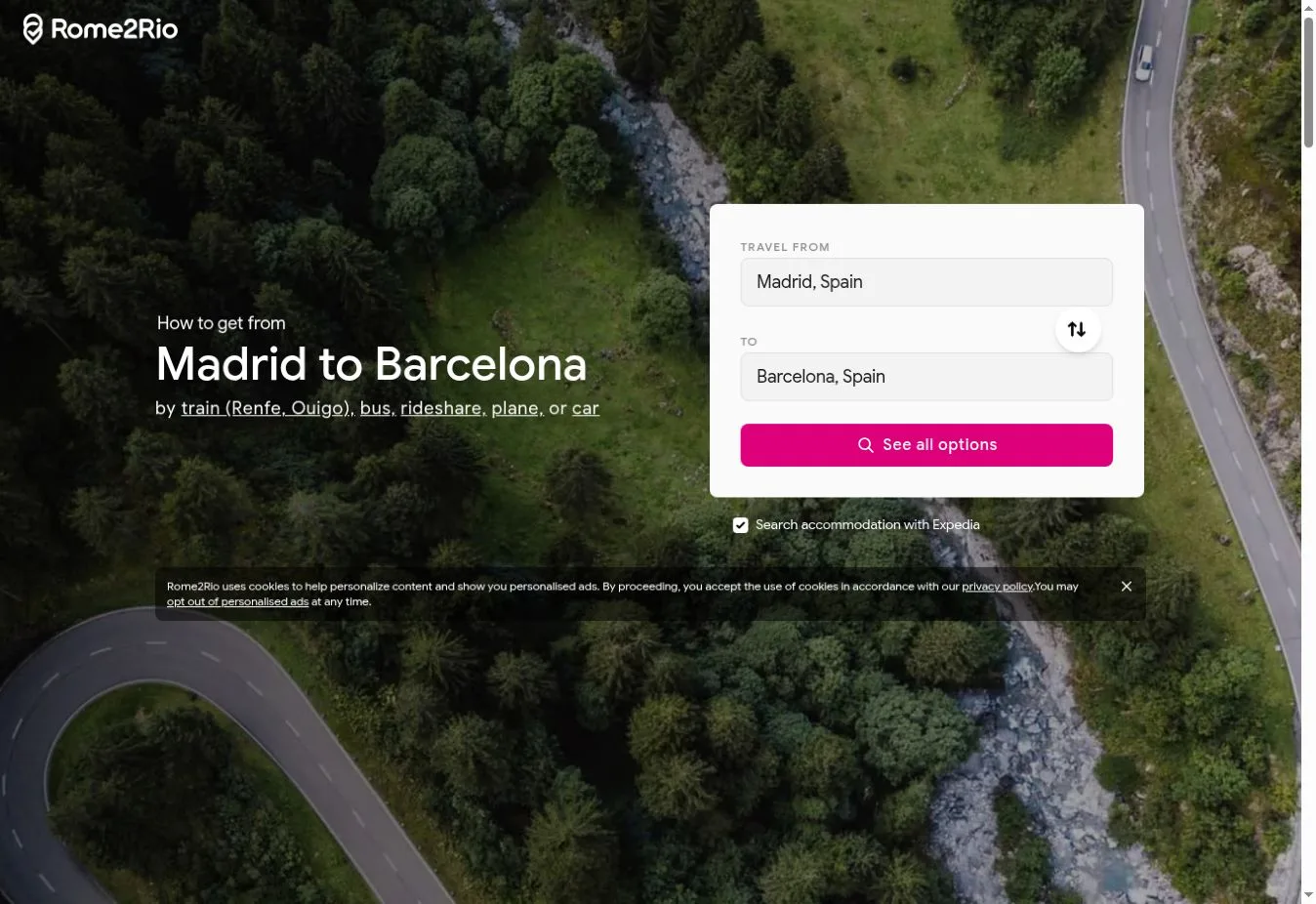Rome2Rio Madrid to Barcelona route page