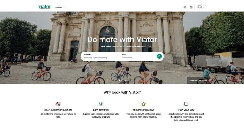 Viator homepage with a Do more with Viator hero and search