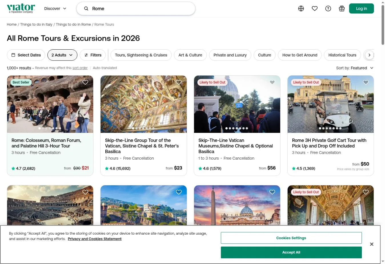Viator Rome tours and excursions listing grid