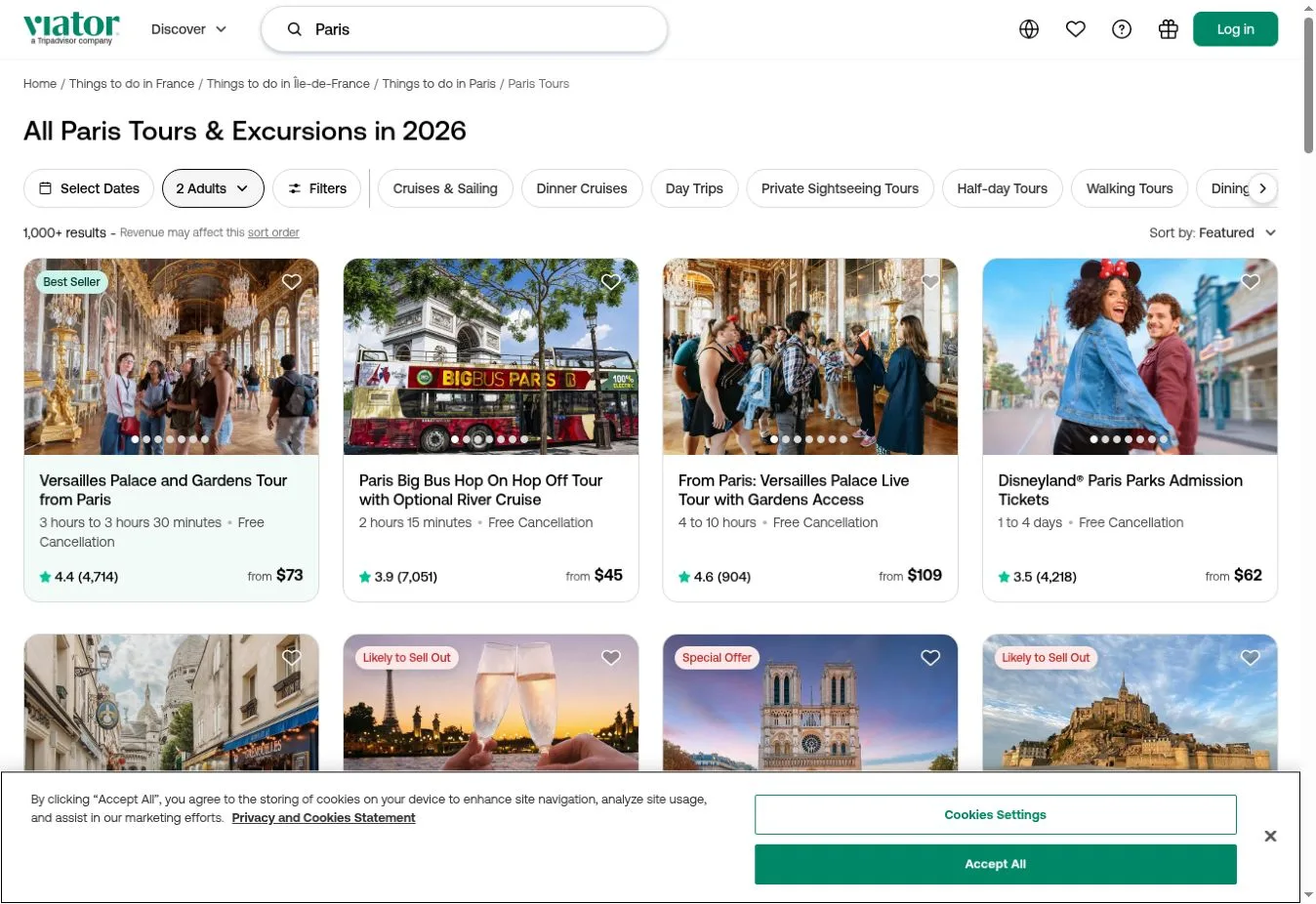 Viator Paris tours and excursions listing grid
