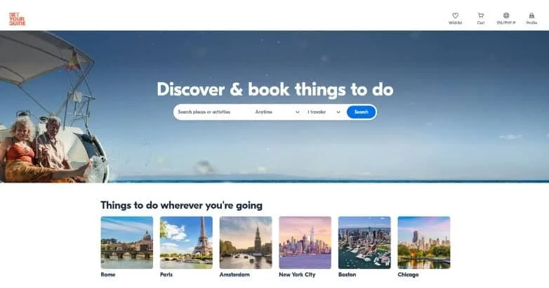 GetYourGuide homepage with a Discover and book things to do hero