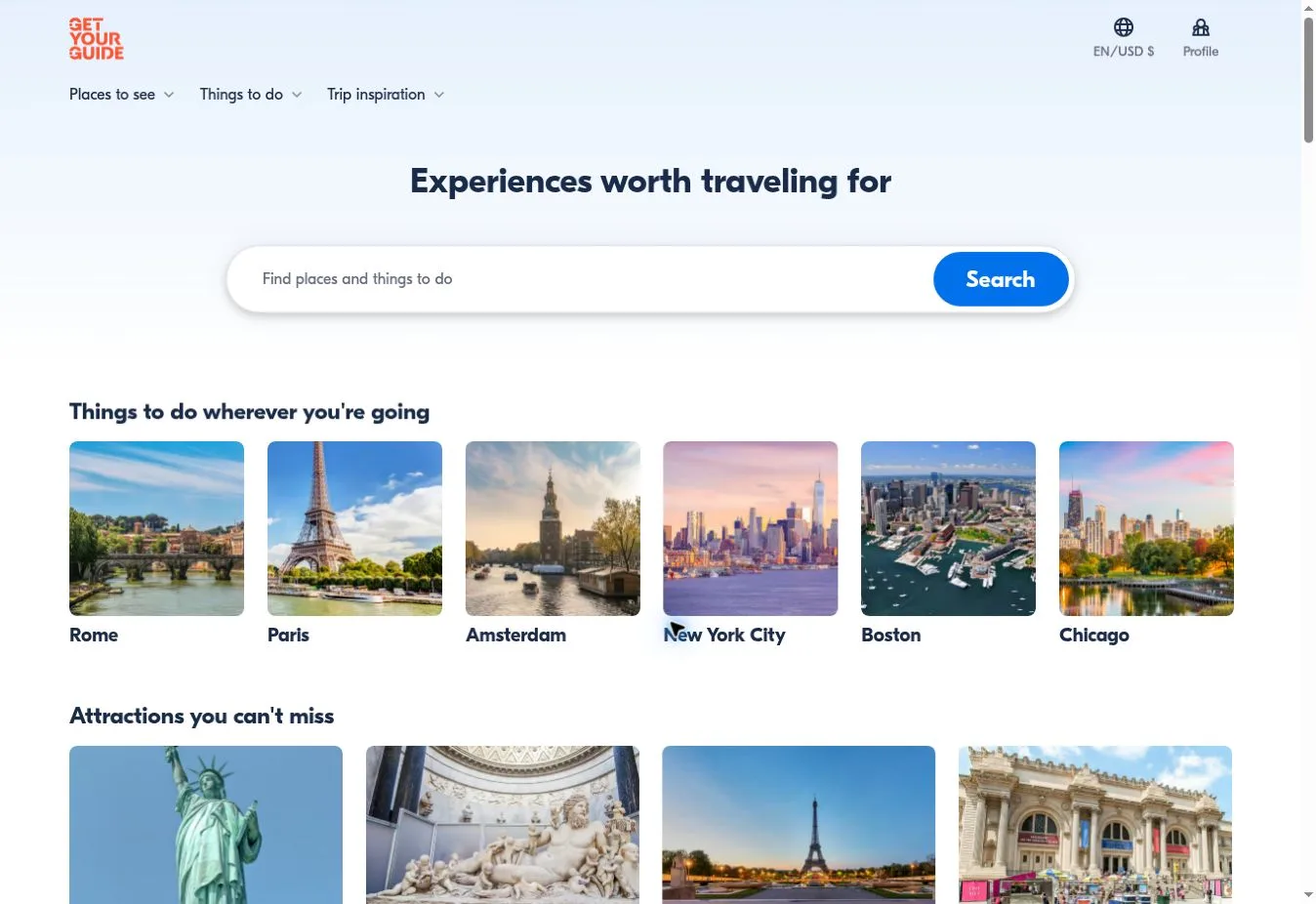 GetYourGuide Experiences worth traveling for search with city cards