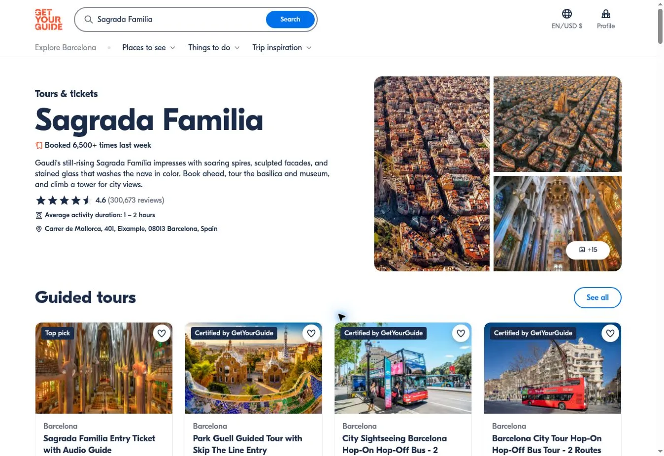 GetYourGuide Sagrada Familia tickets page with guided tours
