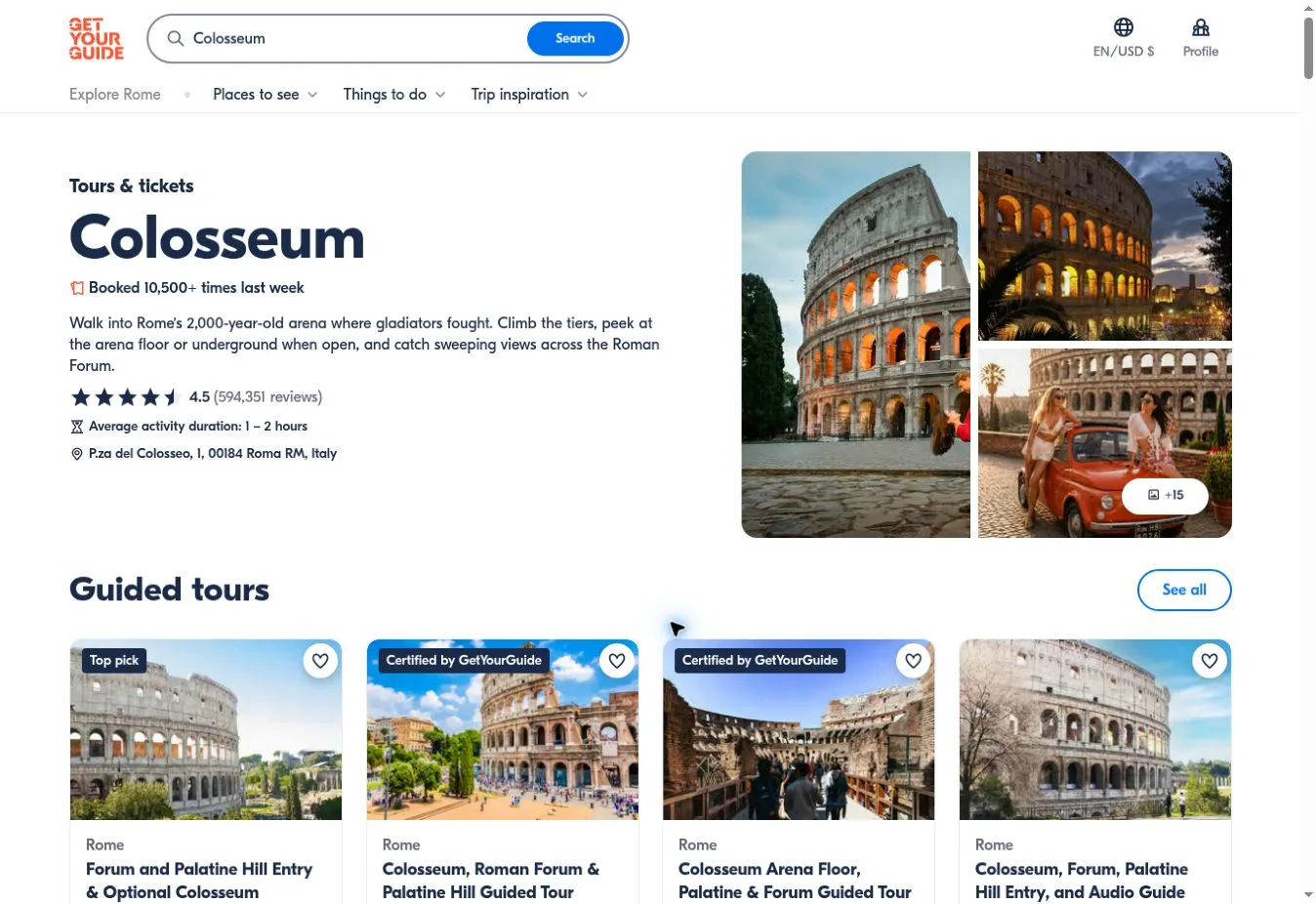 GetYourGuide Colosseum tickets page with guided tours