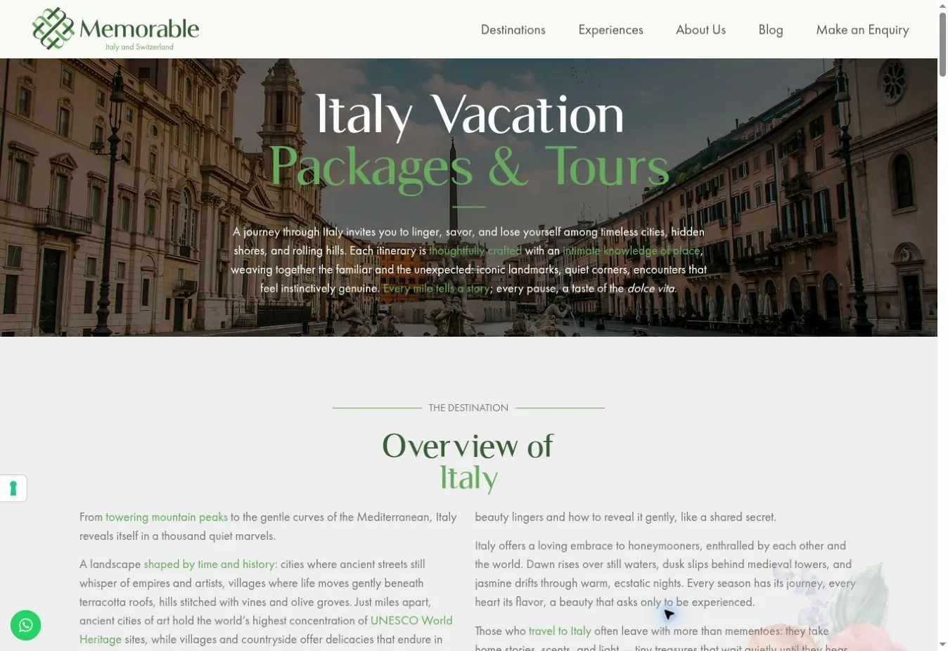 Memorable Italy Vacation Packages and Tours page with an overview of Italy