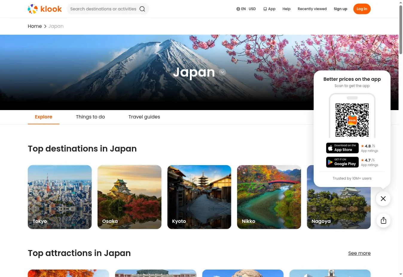 Klook Japan destination page with top destinations