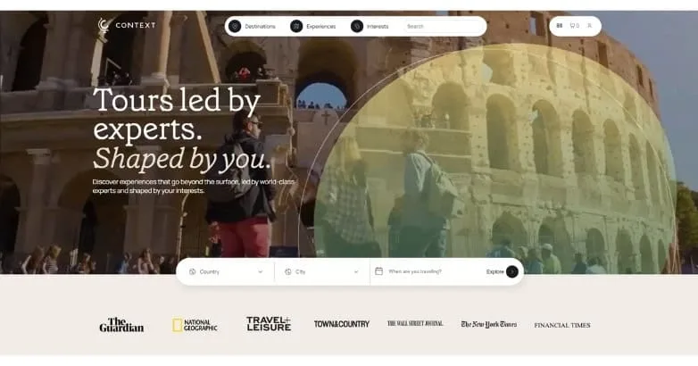 Context Travel homepage with a Tours led by experts hero