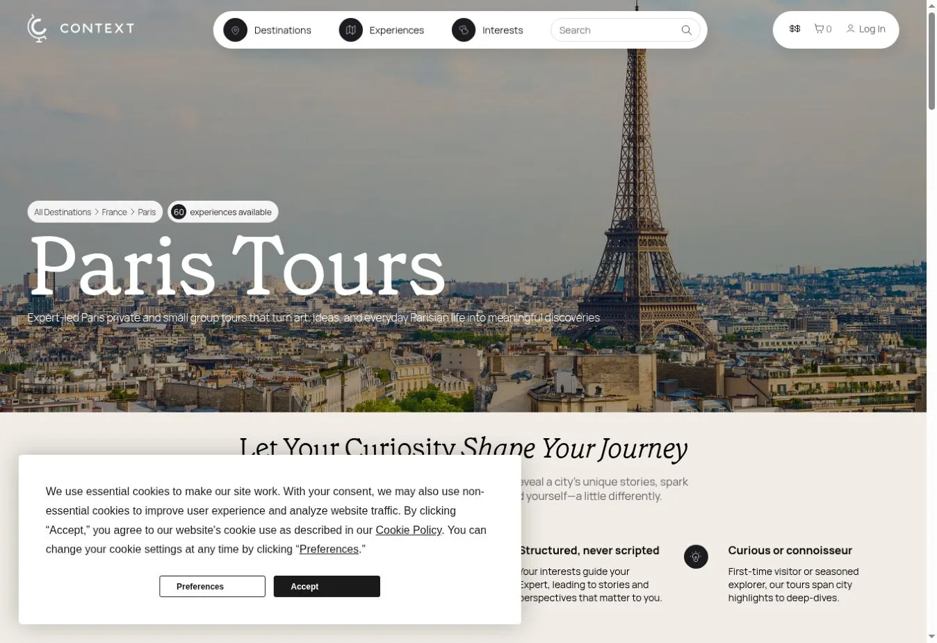 Context Travel Paris Tours page with the Eiffel Tower