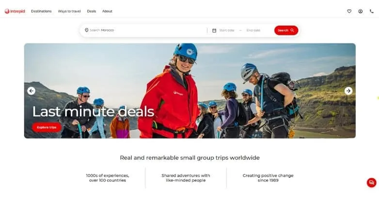 Intrepid Travel homepage with a Last minute deals slider