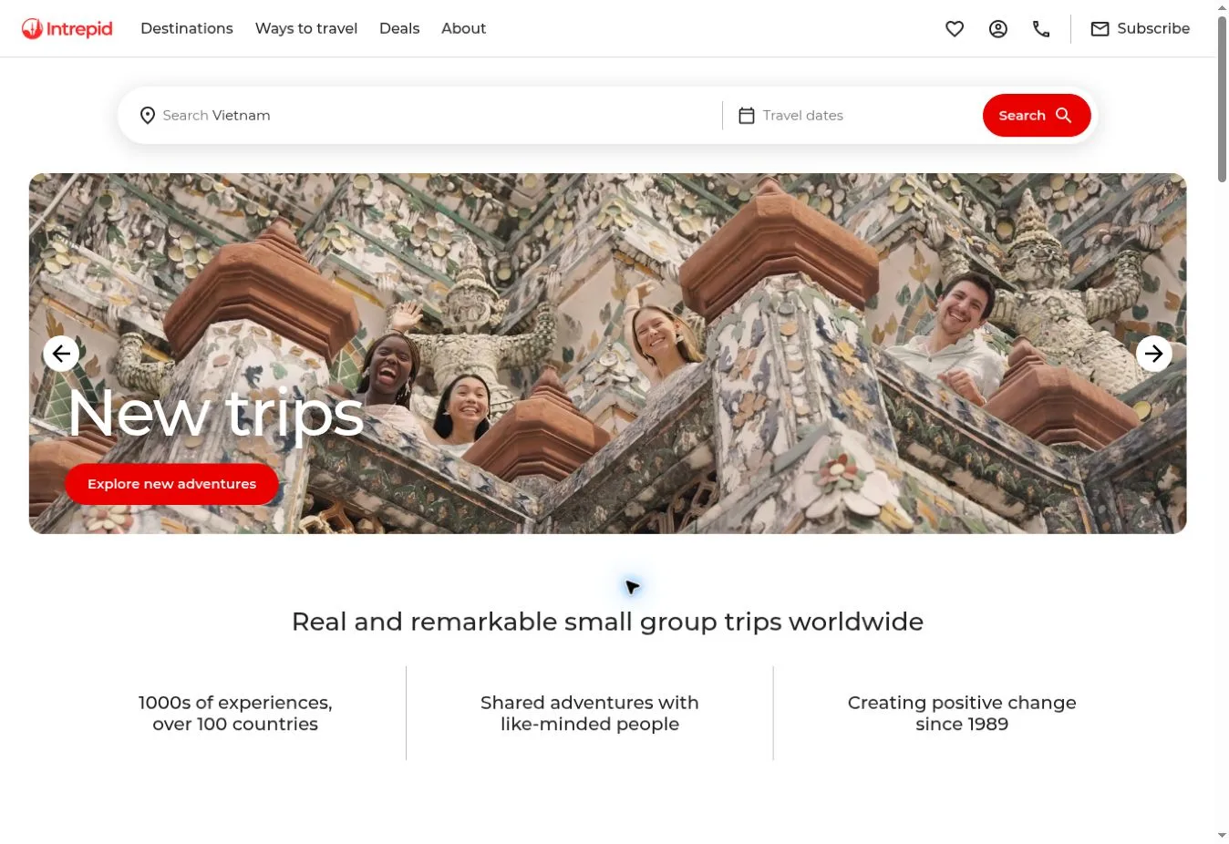 Intrepid Travel New trips slider with small group trip stats