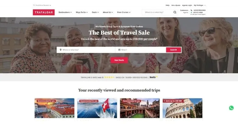 Trafalgar homepage with The Best of Travel Sale hero