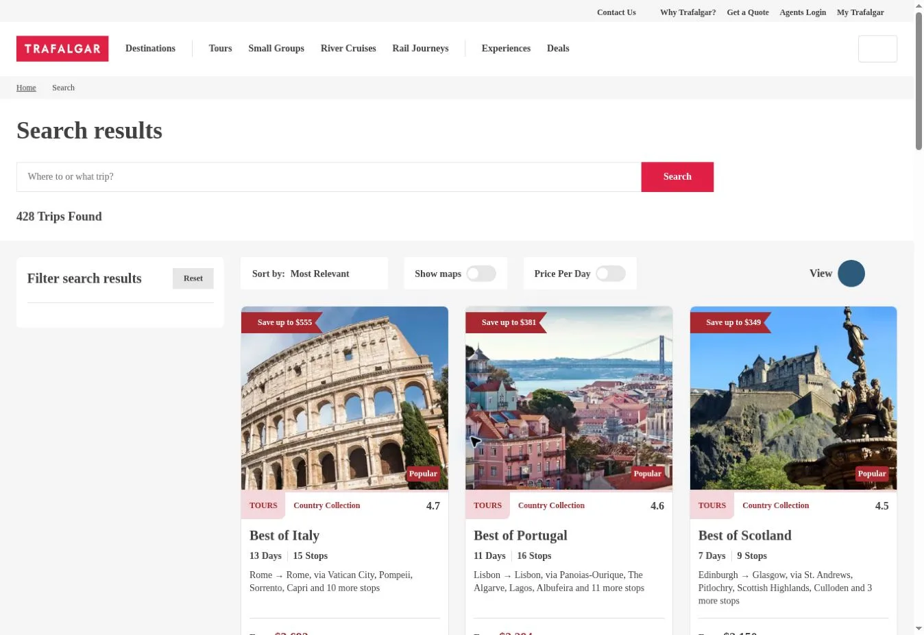 Trafalgar search results with Italy, Portugal and Scotland tour cards