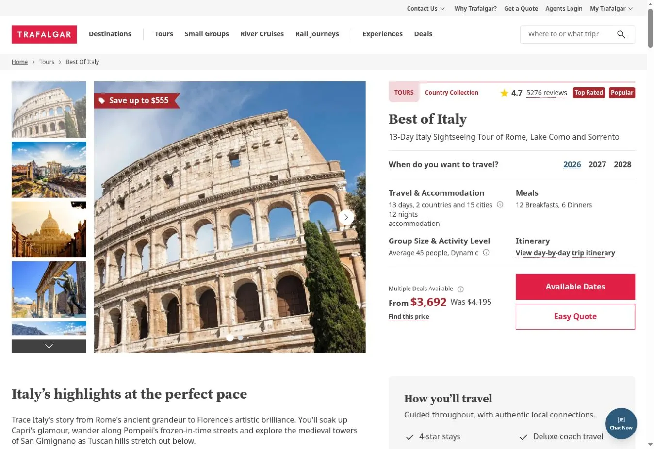 Trafalgar Best of Italy tour page with dates and pricing