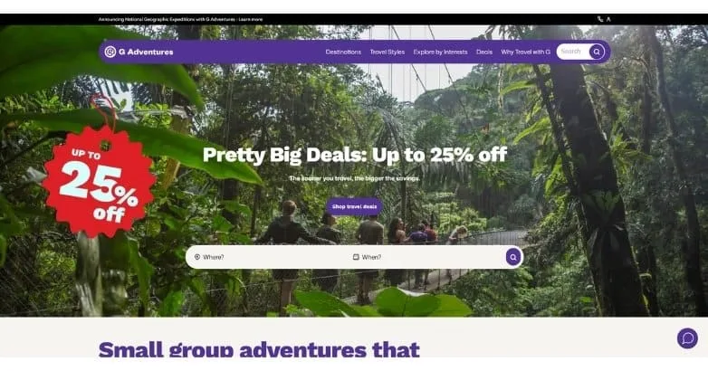 G Adventures homepage with a Pretty Big Deals up to 25% off hero
