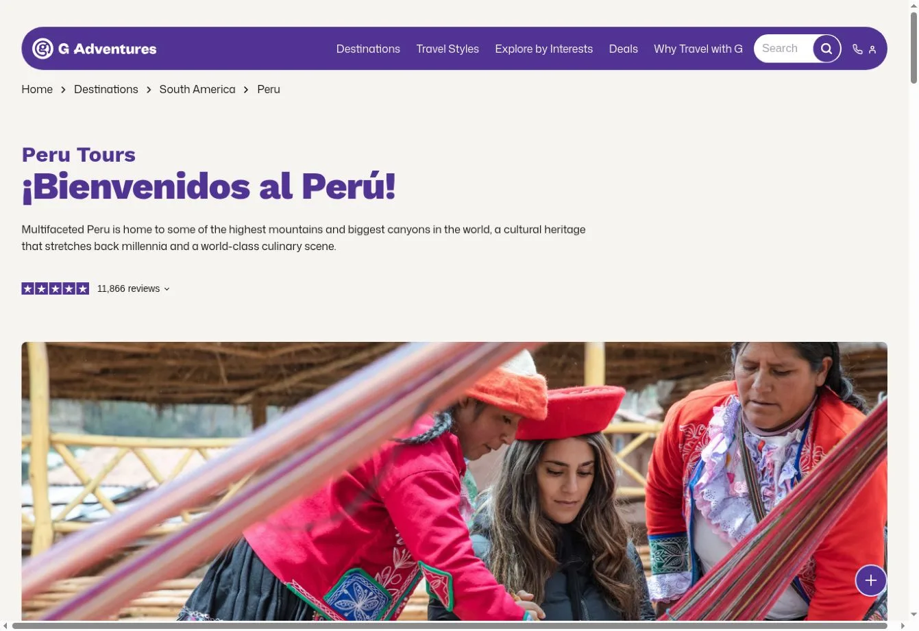 G Adventures Peru Tours page