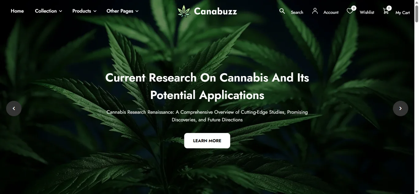 CBD website homepage design with a dark hero banner, navigation menu and call to action button