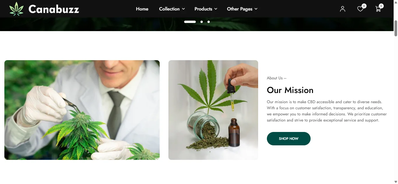 CBD website about section with product photography and a mission statement