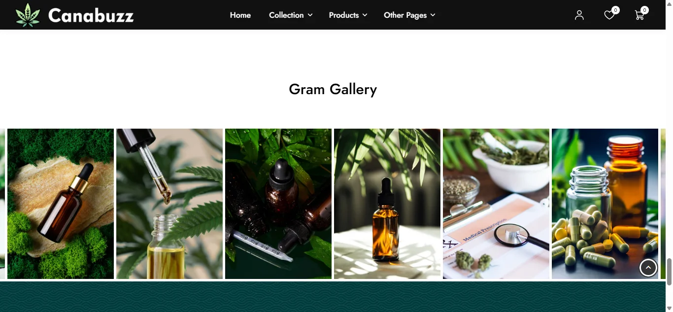 CBD website gallery section showing CBD oil bottles, tinctures and capsules